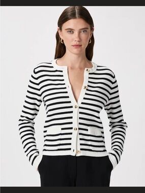 NEW Quince Organic Cotton Sweater Jacket Black & White Striped Cardigan size XS